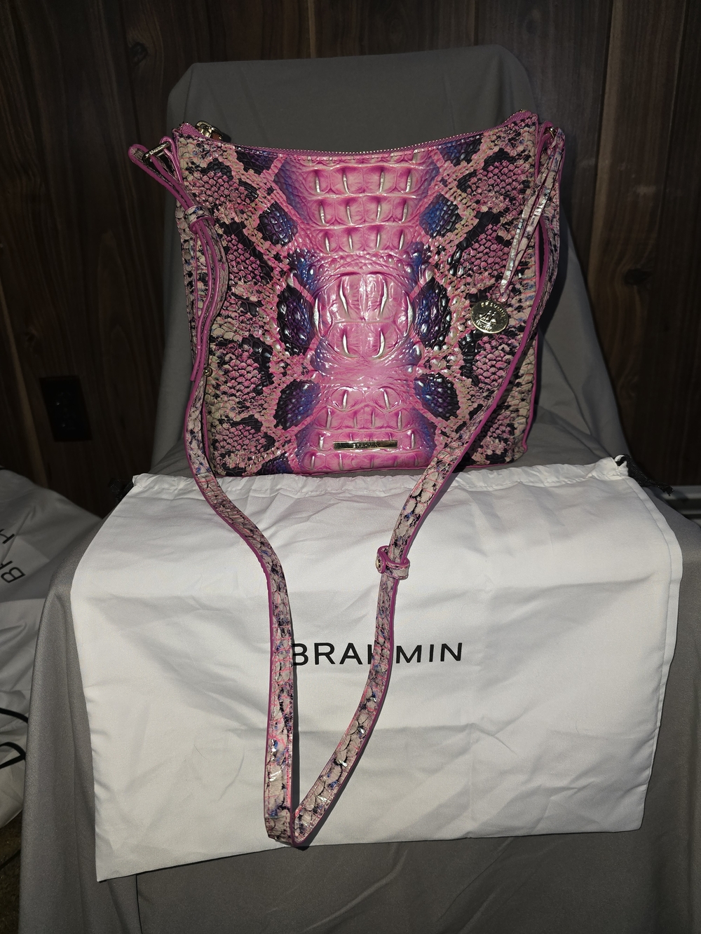 Brahmin Pink Embossed Croc & Snake-Print Bucket Bag